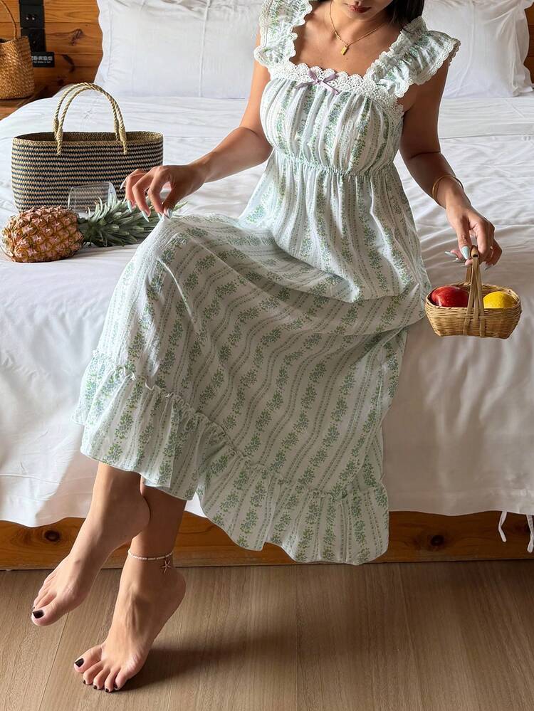 Summer French Romantic Ditsy Floral Ruffle Hem Waist Cinched Long Nightgown For Women