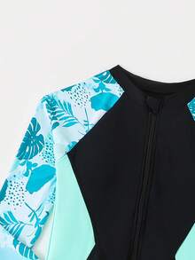 SHEIN Áo tắm liền thân tay raglan in họa tiết hoa nhiệt đới cho bé gái, khóa kéo phía trước, thích hợp cho hoạt động lướt sóng/thể thao mùa hè, bãi biển, hồ bơi và kỳ nghỉ. - Nhiều màu - Xem 3