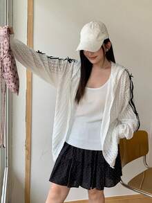 Dazy Plus Textured Lace Fabric Korean Style Striped Patchwork Loose Bow Decor Casual Long Sleeve Spring/Summer White Plus Size Women Regular Jacket - White - View 6