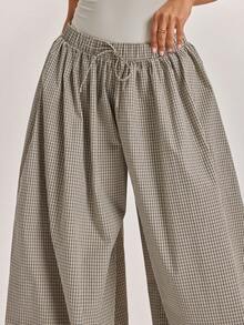 SHEIN BAE Quần ống rộng dáng suông kẻ caro phong cách retro thường ngày dành cho nữ, có thắt lưng. - Màu Khaki - Xem 3