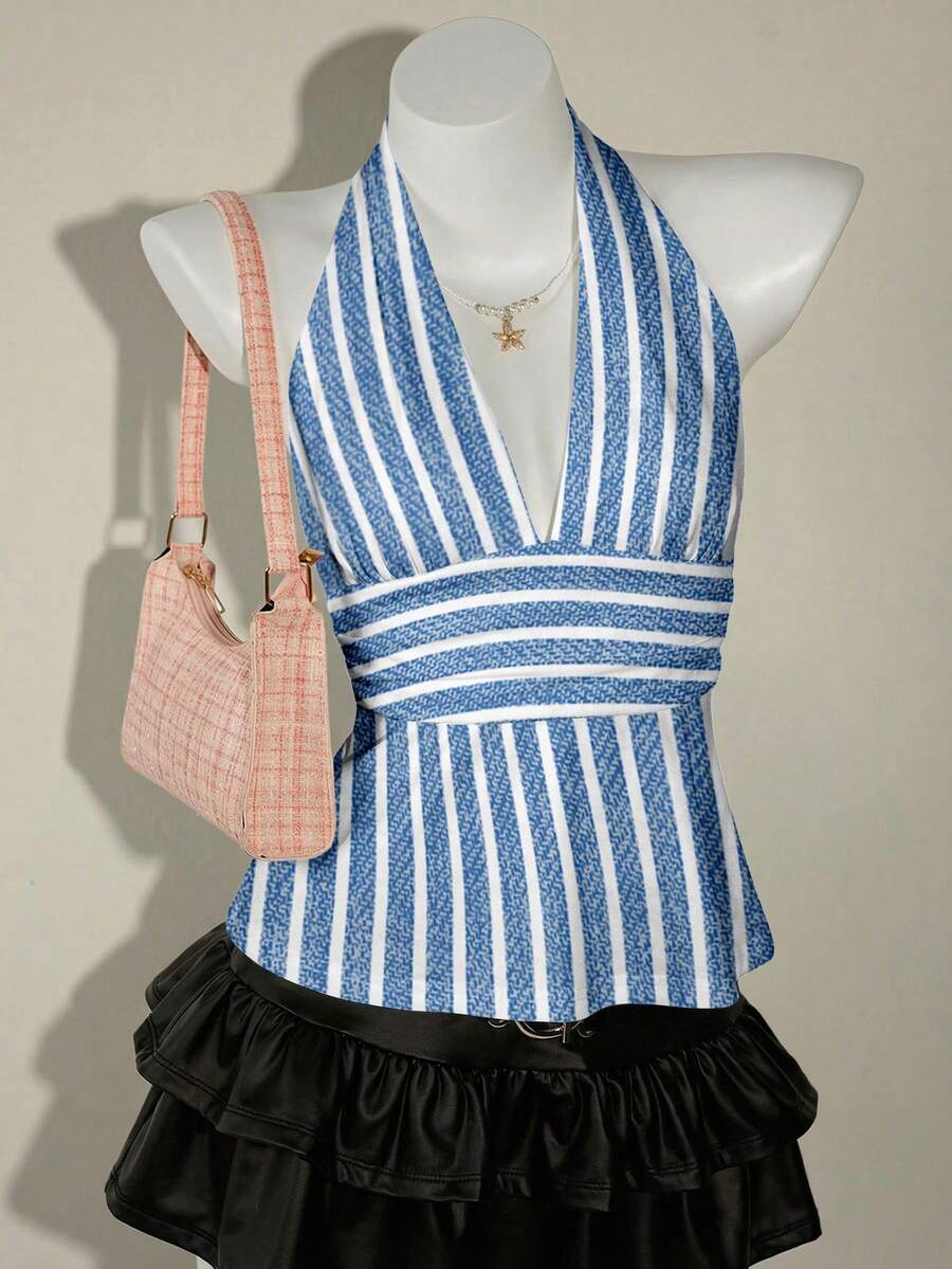 SHEIN ICON Casual Minimalist Style Blue Mechanical Pattern Print Halter Neck Deep V-Neck Cinched Waist A-Line Backless Camisole, Suitable For Spring/Summer Vacation - Multicolor - View 1