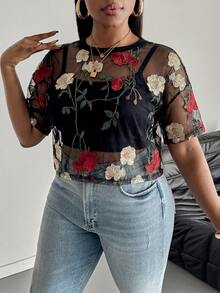 SHEIN PETITE CURVE 大尺碼女款花卉刺繡透視網紗上衣，落肩圓領夏季優雅派對度假上衣 - 黑色 - 查看 4