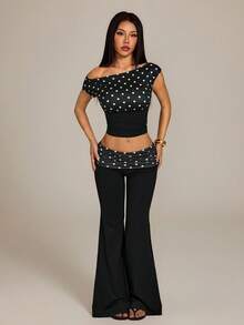 SHEIN PETITE Áo croptop nữ kiểu retro thanh lịch họa tiết chấm bi, cổ áo bất đối xứng, ôm sát, thích hợp cho mùa hè. - màu đen - Xem 4