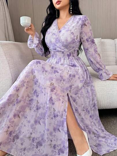 Modelyn Plus Size Elegant Floral Print Contrast Lace Split Dress, Autumn