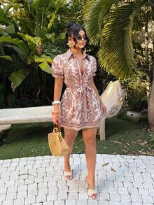 SHEIN SXY Đầm chữ A in họa tiết nhiệt đới phong cách bohemian thường ngày cho kỳ nghỉ - Nhiều màu - Xem 5