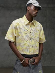NEON BLANC Áo sơ mi denim nam tay ngắn cài một hàng khuy, họa tiết rằn ri, đính đá. - Màu vàng - Xem 2