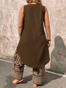 EMERY ROSE Plus Size 2 Pieces Set Brown Beige Sleeveless Top Wide Leg Pants Vacation Summer Boho - Coffee Brown - View 2