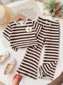 SHEIN Young Girl Striped Print Round Neck Short Sleeve T-Shirt And Pants Casual Set - Multicolor - View 6