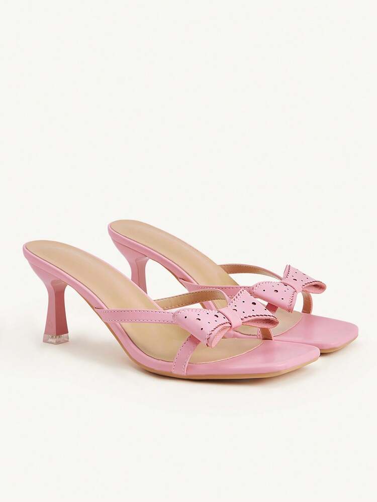 CUCCOO CHICEST Girly Pink Hollow Bow Sandals, Cross-Strap Square Heel Design, Summer Versatile Date Outer Slippers