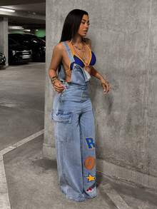 StreetHx Bộ quần yếm denim nữ kiểu dáng thường ngày với túi hộp và họa tiết chữ cái. - Rửa nhẹ - Xem 5