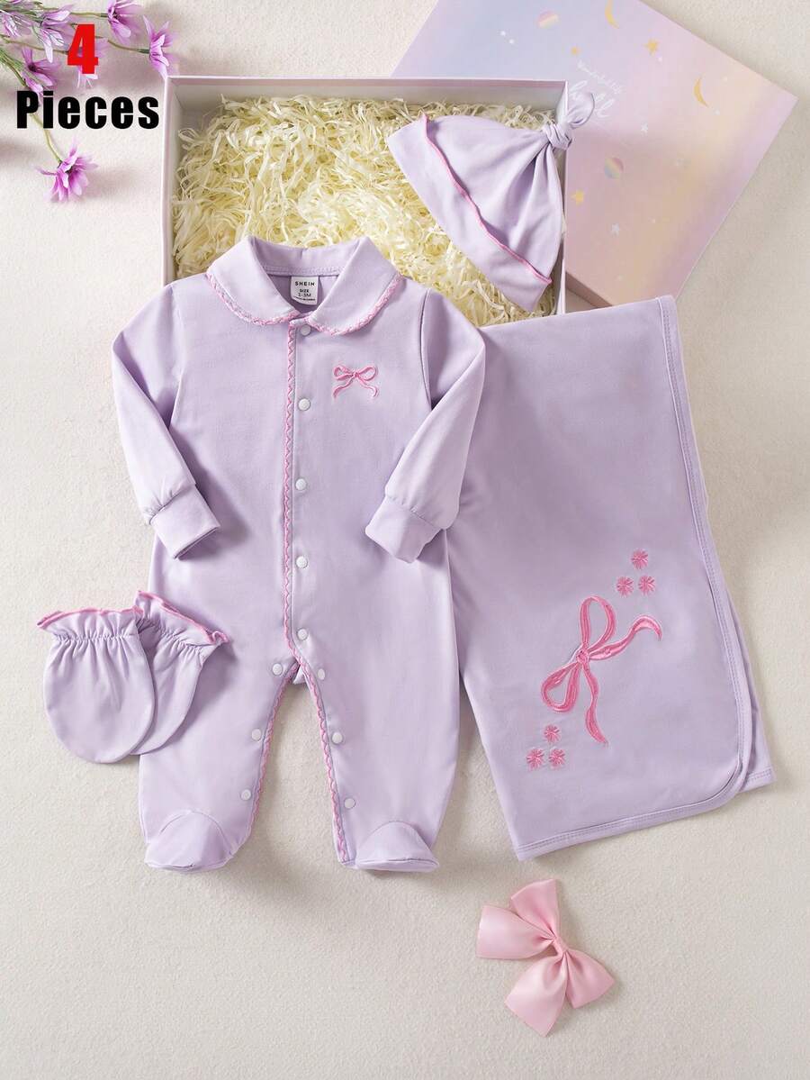 Bộ đồ 4 món cho bé gái sơ sinh: Áo liền quần dệt kim màu trắng thêu họa tiết bướm và hoa, tay dài, quần ống rộng, cổ áo kiểu búp bê, cài cúc phía trước, găng tay, mũ, chăn quấn, viền hồng tương phản, thích hợp cho mùa xuân/hè. - Màu tím hoa cà - Xem 1