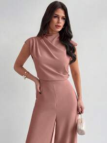Firerie 女士优雅简约时尚通勤都市现代新款褶皱小立领短袖高腰阔腿连体裤，杏色 - 藕粉色 - 查看 5