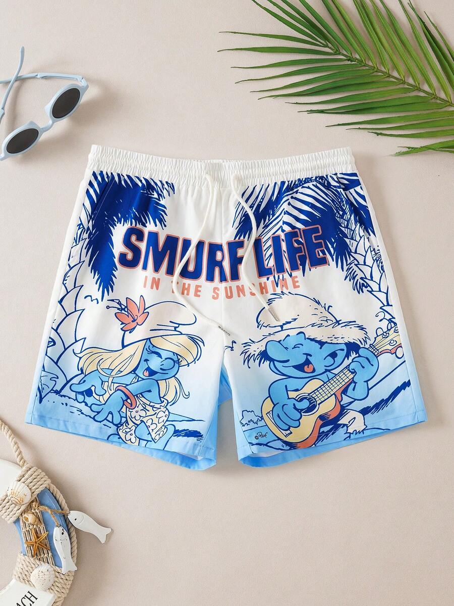SHEIN X The Smurfs 男士字母卡通印花斜插口袋抽绳腰休闲沙滩短裤 - 藍色 - 查看 1