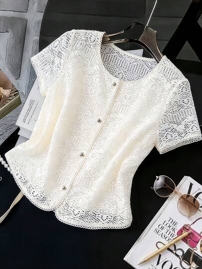 GlowEve CURVE Áo kiểu nữ cỡ lớn mùa hè thanh lịch, giản dị, cổ tròn, tay raglan ngắn, dáng rộng, phối ren rỗng, viền bèo nhún, màu mơ.