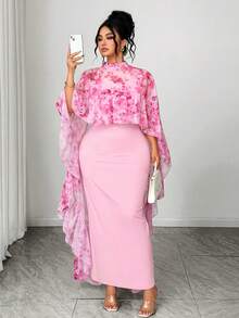 Elenzga Ensemble 2 pièces élégant : Top cape à volants avec imprimé floral en mousseline de soie + Robe nuisette en tricot, grande taille - Rose bonbon - Voir 5