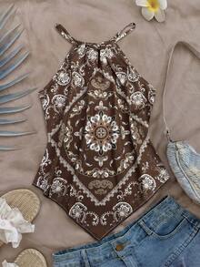 Franclia Plus Size Casual Spaghetti Strap Tie Strap Print Camisole - Brown - View 1
