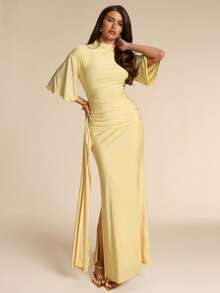 SHEIN BAE Vestido de mujer de manga corta con cuello de tortuga, abertura lateral con lazo, color amarillo. Vestido elegante, ideal para vacaciones, dama de honor, fiesta de cumpleaños, regreso a clases/graduación. - Amarillo - Ver 5