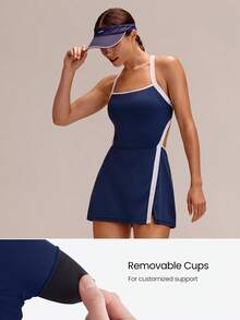GLOWMODE FeatherFit™-Air MatchGlow Contrast Trim Side Slit Racerback Tennis Golf Dress With Built-In Shorts Pockets Foam Cups Summer - Dark Blue - View 5