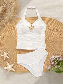 SHEIN Bộ đồ bơi Tankini 2 mảnh dành cho thiếu nữ, chất liệu vải dệt kim gân, thiết kế cổ yếm với họa tiết hoa kim loại trang trí, thời trang, thanh lịch, kín đáo, phù hợp cho bơi lội, mùa hè, bãi biển, kỳ nghỉ. Bộ đồ bơi Tankini, bộ bikini kín đáo, bộ đồ bơi cạp cao, họa tiết vỏ sò. - trắng - Xem 1