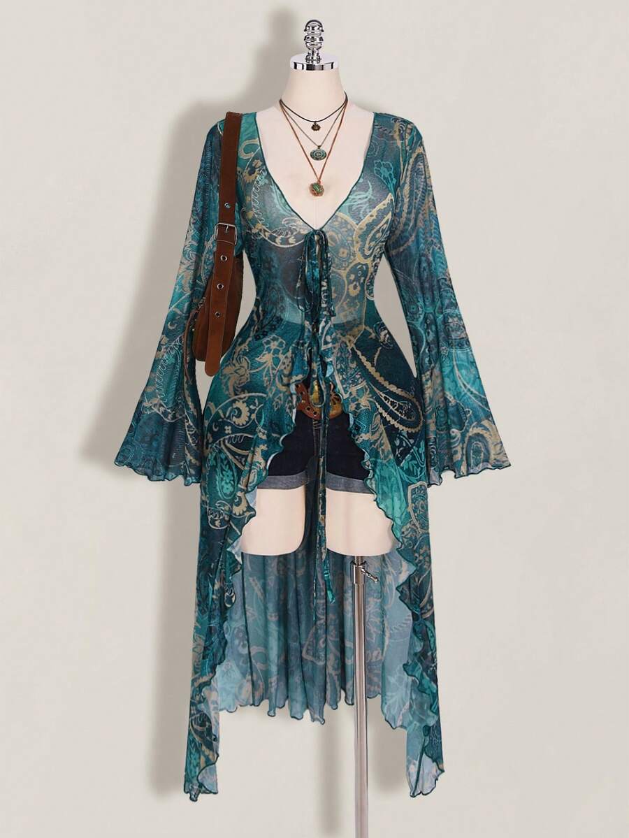 SHEIN ICON Áo kiểu nữ cỡ lớn in họa tiết Paisley, thắt nơ phía trước, thích hợp cho kỳ nghỉ và đi biển. - Màu xanh lam - Xem 1
