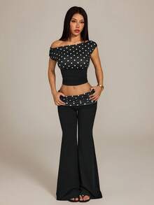 SHEIN PETITE Áo croptop nữ kiểu retro thanh lịch họa tiết chấm bi, cổ áo bất đối xứng, ôm sát, thích hợp cho mùa hè. - màu đen - Xem 7