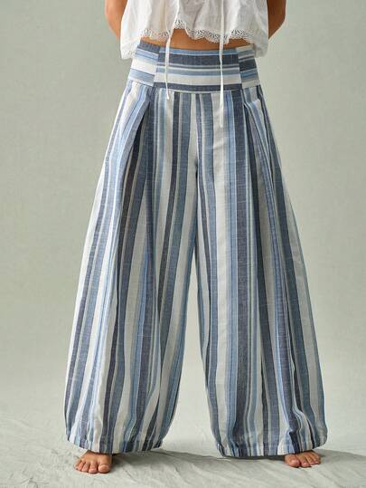 SoleilVie Quần ống rộng cạp cao xếp ly kiểu Bohemian màu xanh trắng kẻ sọc dọc, chất liệu cotton pha lanh, thiết kế lưng thun, dáng rộng và tôn dáng, phù hợp cho đi làm, mặc hàng ngày và đi nghỉ mát.