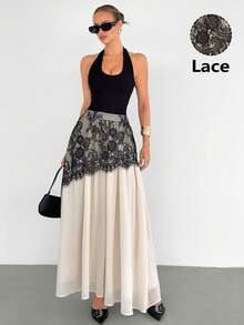Siren Gaze Đầm maxi xòe bằng chiffon phối ren tương phản thanh lịch dành cho nữ - Màu be - Xem 7