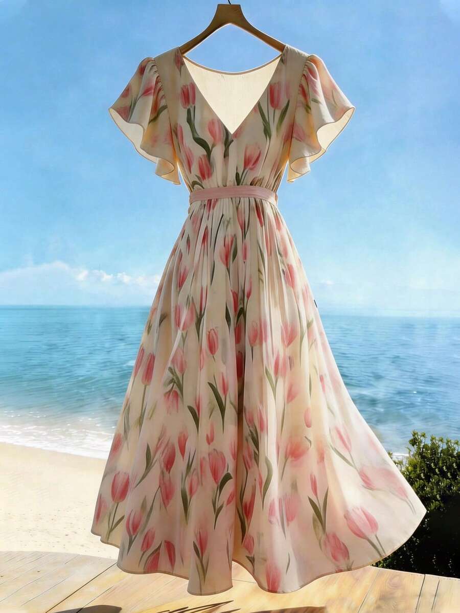 Franclia Đầm hè màu hồng thanh lịch, lãng mạn, cổ chữ V, tay cánh hoa dành cho nữ, in họa tiết hoa tulip. - Hồng - Xem 1