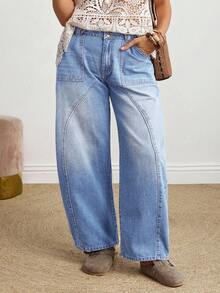 SHEIN CURVE+ Plus Size Casual Washed Bootcut Jeans - Blue - View 4
