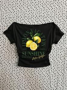 Attitoon Kaos Wanita Kasual Lengan Pendek Model Off-Shoulder dengan Detail Kerutan di Pinggang, Motif Lemon, Cocok untuk Musim Panas, Atasan Musim Panas - Hitam - View 7