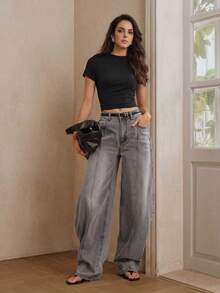 Anewsta Women's New Fashion Design Patchwork Vacation Style Grey Jeans Flare Pants Everyday Summer Casual - Grey - View 5