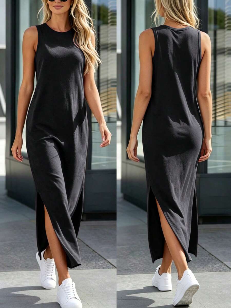 Silhoulove Vestido largo de fiesta de mujer de unicolor y cuello redondo de moda - Negro - Ver 1