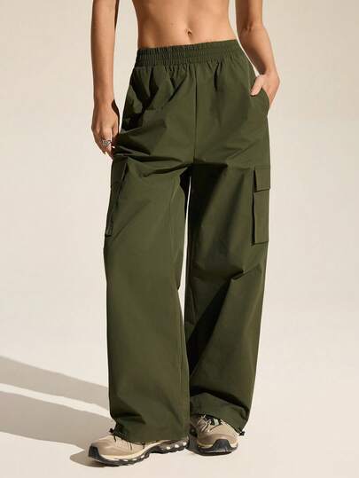 SHEIN In My Nature Quần cargo nữ thời trang thường ngày, phong cách đường phố, tối giản, đa năng, màu trơn, có túi nắp, thích hợp cho đi làm hàng ngày, hoạt động ngoài trời.