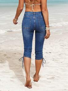 SHEIN LUNE Jeans de mezclilla de 3/4 de longitud, con cordón, fruncido y retorcido, para uso casual y de oficina para mujeres - Azul - Ver 11
