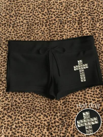 Attitoon Cross Pattern Drawstring Waist Slim Fit Shorts