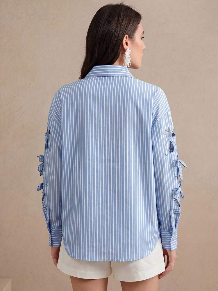 Women's Spring/Autumn Casual Vacation Striped Floral Embroidery Hollow Long Sleeve Blouse