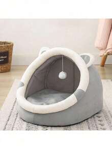 Hollypet 3 Sizes Gray Cute Cave Cat Bed With Ear Design - Soft & Cozy Indoor Cat House, Warm & Breathable For All Seasons, Comes With Hanging Ball, Suitable For Small, Medium And Large Cats - Grey - View 12