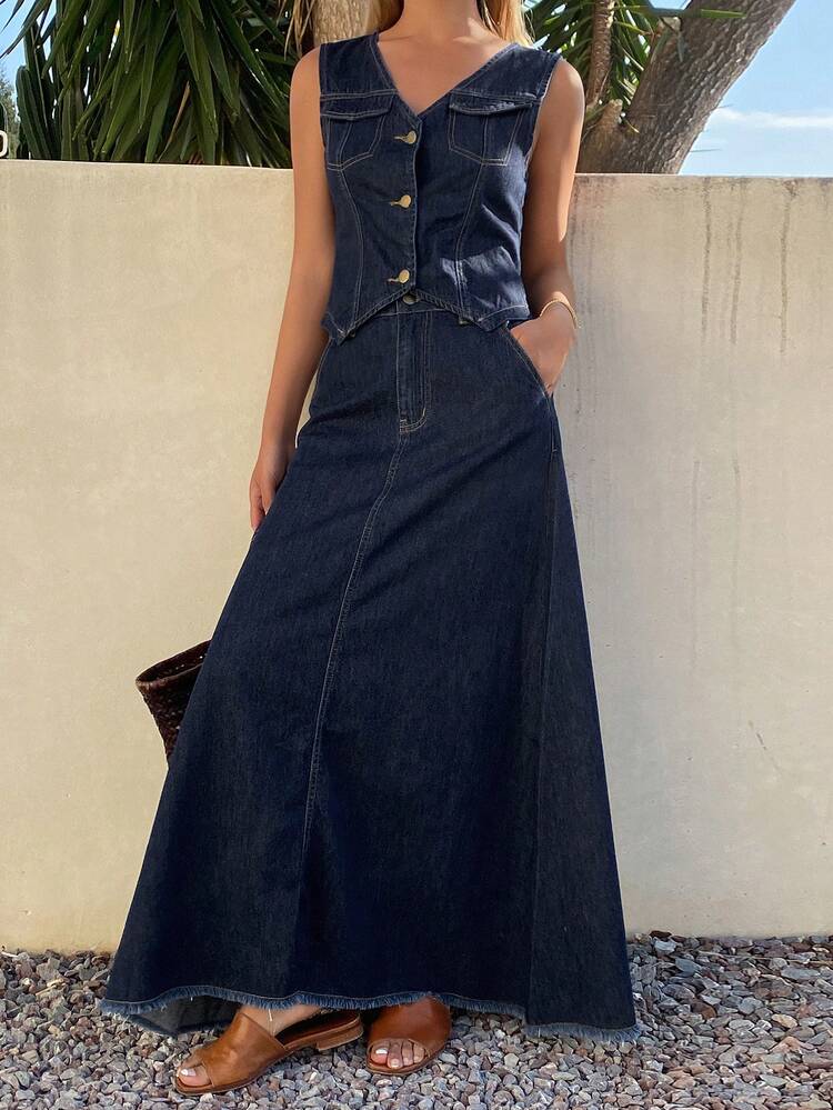 Women's Casual Washed Pocket Denim Vest & Skirt 2-Piece Set, Spring/Summer