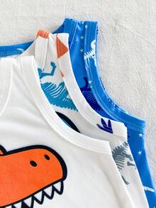 SHEIN Playful Pals Bộ 3 món áo vest cổ tròn họa tiết khủng long cho bé, thích hợp mặc mùa hè. - Nhiều màu - Xem 9