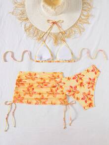 Bikini de 3 piezas con tapa triangular de cuello halter, estampado de leopardo y sarong con lazos laterales para mujeres - Multicolor - Ver 8