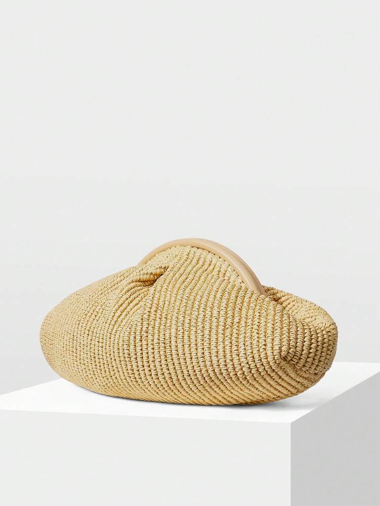WOMEN'S PLEATED STRAW-WOVEN CLUTCH BAG, EXQUISITE AND SIMPLE, FASHIONABLE VACATION LIGHTWEIGHT KHAKI WOVEN BAG, SUITABLE FOR DATING, VACATION, SHOPPING, COMMUTING