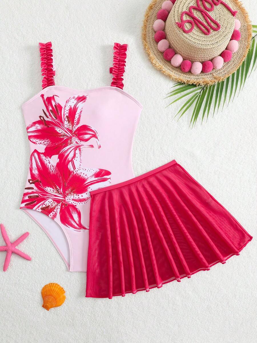 SHEIN Bộ đồ bơi liền thân cho bé gái in hình hoa ly đỏ, có chân váy lưới, thích hợp cho bãi biển, kỳ nghỉ và các hoạt động mùa hè. - Màu Hồng Tươi - Xem 1