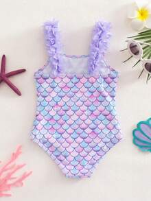 SHEIN Young Girl Gradient Fish Scale Print Halter One-Piece Swimsuit, Beach Vacation Style, Summer - Multicolor - View 2