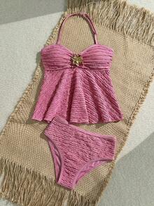 SHEIN Bộ đồ bơi tankini cổ yếm dệt jacquard dành cho bé gái tuổi teen - Hồng - Xem 3