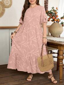 Lacomfia Gaun Lengan Pendek Minimalis Elegan Wanita Warna Hijau dengan Motif Alam dan Hiasan Pita di Manset - Berwarna merah muda - View 1