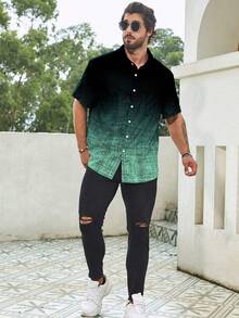 Manfinity Homme Plus Size Men's Casual Gradient Front Button Short Sleeve Shirt, Summer - Multicolor - View 4