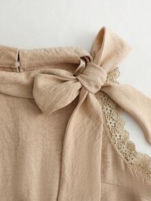 SHEIN Franclia Bộ đồ thường ngày dành cho nữ, gồm áo và chân váy ngắn phối ren, có nơ trang trí. - Màu Khaki - Xem 5