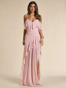 SHEIN BAE Elegantes Damen-Camisole-Kleid in Altrosa mit Rüschensaum, fließend, einfarbig, lang, stilvoll für Sommerhochzeit, Ninang, Abendparty und Urlaub - Pink - Übersicht 1