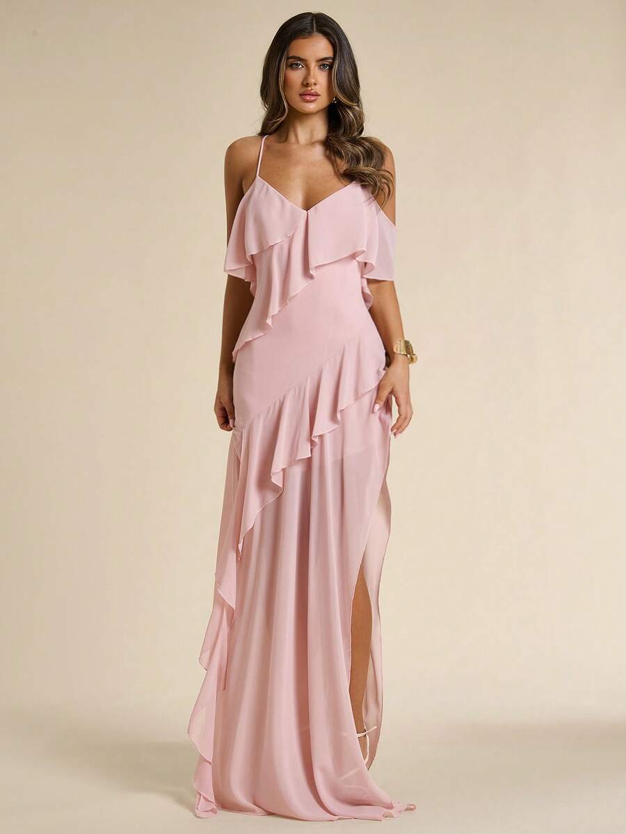 SHEIN BAE Elegantes Damen-Camisole-Kleid in Altrosa mit Rüschensaum, fließend, einfarbig, lang, stilvoll für Sommerhochzeit, Ninang, Abendparty und Urlaub - Pink - Übersicht 1