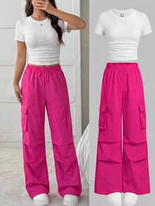 SHEIN Girlism ملابس مكونة من قطعتين مراهقات: تي شيرت ريب مضلع مع حافة كشكش وبنطلون طويل مع جيوب أكورديون، لباس عادي - روز أحمر - مشاهدة 3